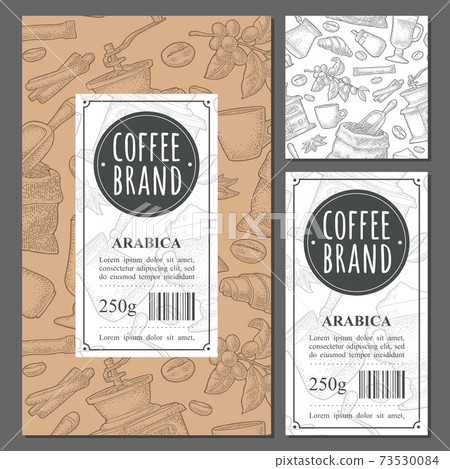 Template label coffee with seamless pattern. Vector vintage monochrome engraving 73530084