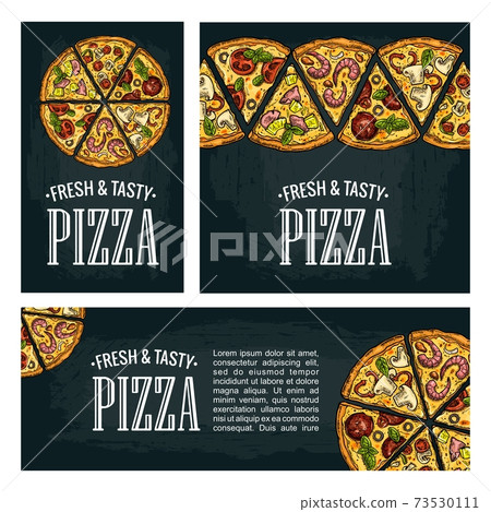 Set posters poster slice pizza Pepperoni, Hawaiian, Margherita, Mexican, Seafood, Capricciosa. 73530111