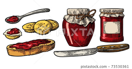 Jar with packaging paper, spoon, knife and slice of bread with jam. 73530361