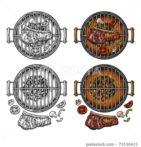 Barbecue grill top view with charcoal, mushroom, tomato, pepper, steak Barbecue grill top view with charcoal, mushroom, tomato, pepper, steak 73530415