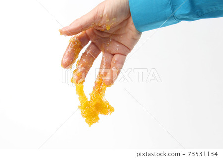 honey comb dripping with human hands on white background 73531134