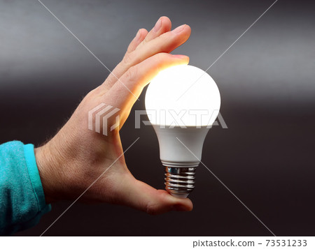 human hand holding the included led lamp on a dark background 73531233