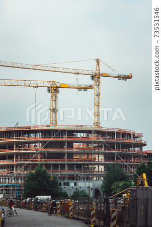 Steel Frames of A Building Under Construction, With Two Tower Cranes On Top. reinforced concrete structures 73531546