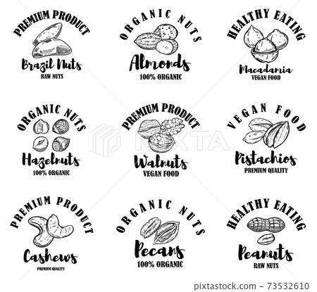 Set of raw nuts labels. Design element for logo, label, sign. Set of raw nuts labels. Design element for logo, label, sign. 73532610