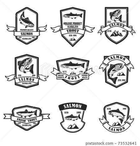 Set of salmon and trout emblems. Design element for logo, label, sign, poster, banner. Set of salmon and trout emblems. Design element for logo, label, sign, poster, banner. 73532641