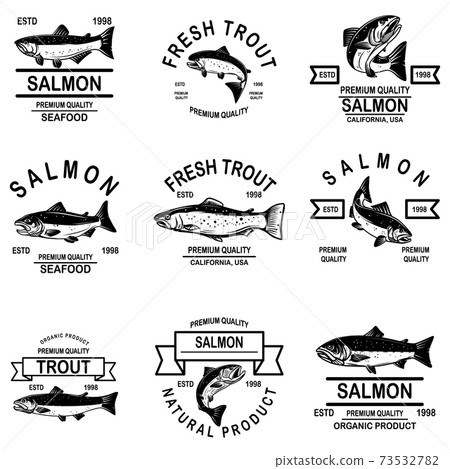 Set of salmon seafood labels. Design element for logo, label, sign, emblem. 73532782