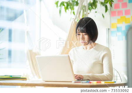 Female telework teleworking personal computer 73533092