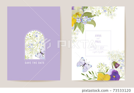 Wedding violet pansy floral Save the Date set. Vector purple spring flowers boho invitation card Wedding violet pansy floral Save the Date set. Vector purple spring flowers boho invitation card 73533120