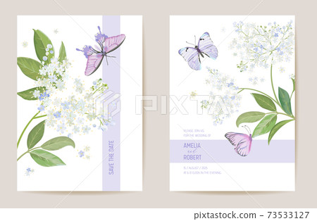 Watercolor elderberry floral wedding card. Vector white spring flowers invitation. Boho template frame 73533127