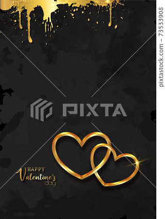 Happy Valentines day vector greeting card. Gold hearts on grunge black background. Golden holiday poster with text, jewels. Concept for Valentines banner, flyer, party invitation, jewelry gift shop Happy Valentines day vector greeting card. Gold hearts on grunge black background. Golden holiday poster with text, jewels. Concept for Valentines banner, flyer, party invitation, jewelry gift shop 73533908