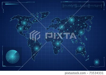 Techno world map. Digital continents with rays meredians and ocean grid futuristic global continents. Techno world map. Digital continents with rays meredians and ocean grid futuristic global continents. 73534331
