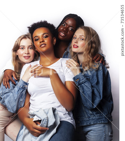 diverse multi nation girls group, teenage friends company cheerful having fun, happy smiling, cute posing isolated on white background, lifestyle people concept, african-american, asian and caucasian 73534655