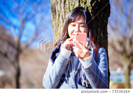 在陽光強烈的公園裡使用智能手機的女人 73536264