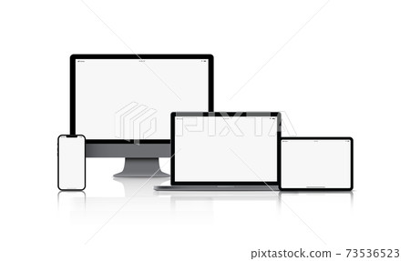 Mockup gadget device. smartphones, tablets, laptops and computer monitors black color with blank screen isolated on white background. Vector illustration eps10 73536523
