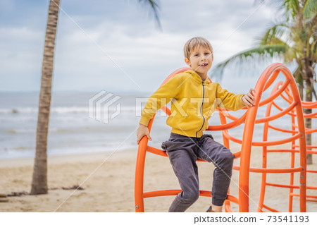 The boy climbs on the playground against the background of palm trees 73541193