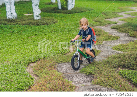 Little boy on a balance bike. Caught in motion, on a driveway. Preschool child's first day on the bike. The joy of movement. Little athlete learns to keep balance while riding a bicycle 73542535
