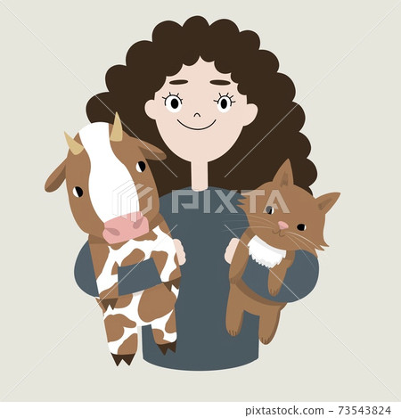 Cute girl hugging cow and cat. Pet care,. animals in girl's hands. Happy smiling girl. Cute girl hugging cow and cat. Pet care,. animals in girl's hands. Happy smiling girl. 73543824