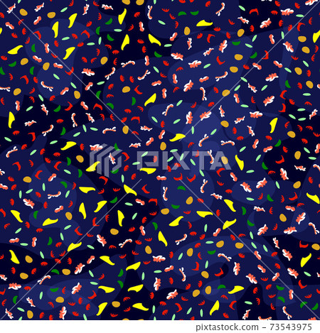 Small seamless pattern. Leaves, zigzags, spots. Dark blue background. Small seamless pattern. Leaves, zigzags, spots. Dark blue background. 73543975