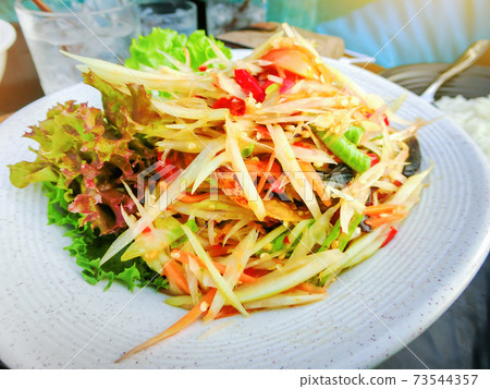 Close up of Thai papaya salad in white plate with vegetable on table Close up of Thai papaya salad in white plate with vegetable on table 73544357