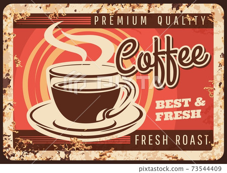 Steaming coffee cup vector rusty metal plate. 73544409