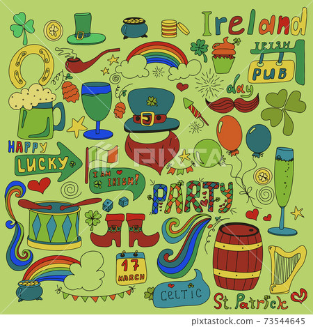 St. Patrick s Day set with hand-drawn pictures. A doodle of beer, a rainbow, a leprechaun s beard, coins, a bowler hat, a clover, a top hat, an Irish flag and a beer mug. Template for a postcard St. Patrick s Day set with hand-drawn pictures. A doodle of beer, a rainbow, a leprechaun s beard, coins, a bowler hat, a clover, a top hat, an Irish flag and a beer mug. Template for a postcard 73544645