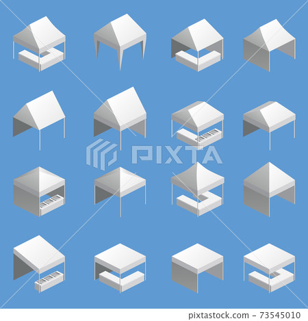 Set tent trade event isometry, promotional outdoor advertising canopy mobile. Template vector isolated illustration Set tent trade event isometry, promotional outdoor advertising canopy mobile. Template vector isolated illustration 73545010