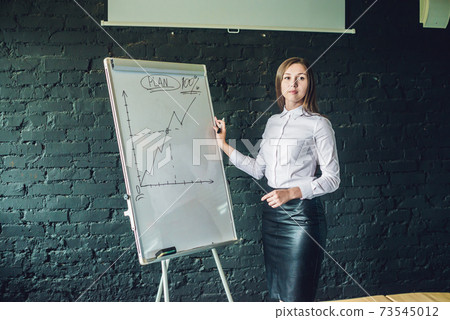 bussiness, meeting and education - businesswoman with flipchart in office bussiness, meeting and education - businesswoman with flipchart in office 73545012