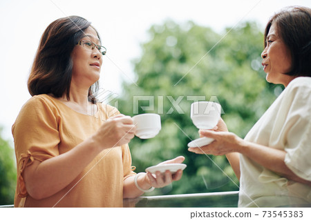 Mature friends discussing news Mature friends discussing news 73545383