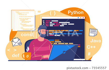 Cartoon Color Character Person Male Programmers Working Concept. Vector 73545557
