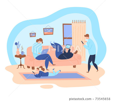 Cartoon Color Characters People Family and Social Media Addiction Concept. Vector Cartoon Color Characters People Family and Social Media Addiction Concept. Vector 73545658