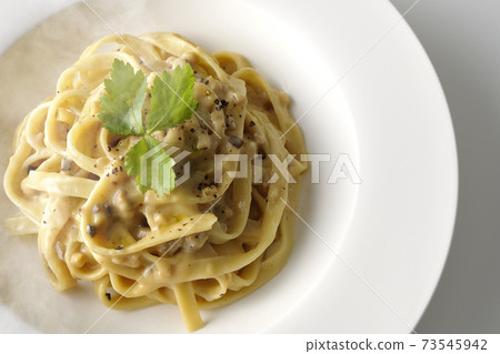 Hot truffle cream flat pasta with trefoil on a white background (overhead view) 73545942
