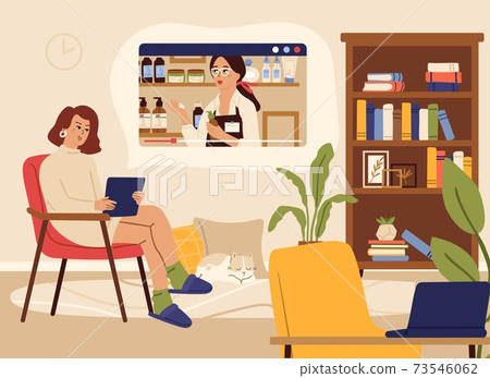 Video streaming. Woman watch online show, beauty information channel. Blogger, female character relax at home vector illustration 73546062