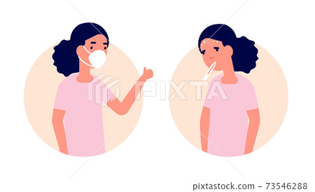Child wear mask. Healthy vs unhealthy, girl with flu or cold. Kid in facial protection, prevention influenza disease utter vector concept Child wear mask. Healthy vs unhealthy, girl with flu or cold. Kid in facial protection, prevention influenza disease utter vector concept 73546288