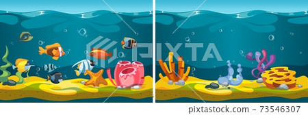 Underwater world. Cartoon fish, corals seaweed plants. Sea life, ocean flora fauna game locations vector template Underwater world. Cartoon fish, corals seaweed plants. Sea life, ocean flora fauna game locations vector template 73546307