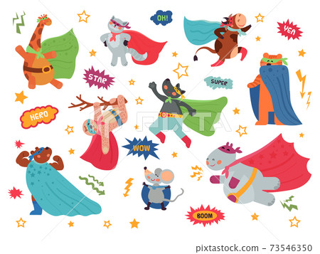Animal superhero. Cartoon child animals, hero costume on cat giraffe. Brave wild bear wolf, wild character in superman cape decent vector set 73546350