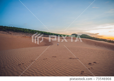 The boy runs around the red desert at dawn. Traveling in a fuss with children concept 73546908