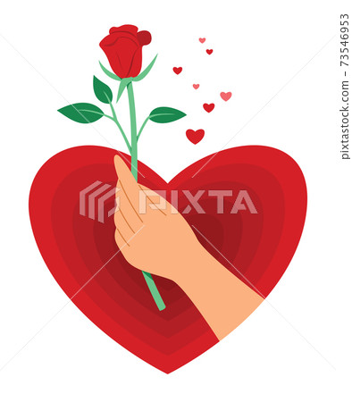Hand Hold a Red Rose in Big Heart for the Valentine Decoration. Hand Hold a Red Rose in Big Heart for the Valentine Decoration. 73546953