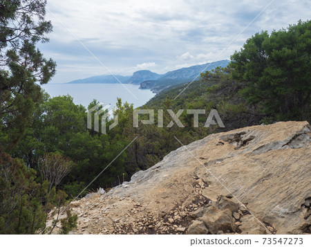 View over Gulf of Orosei with limestone cliffs, green bushes, white beach and turquoise blue water. Famous travel touristic destination in Sardinia island, Italy. View over Gulf of Orosei with limestone cliffs, green bushes, white beach and turquoise blue water. Famous travel touristic destination in Sardinia island, Italy. 73547273