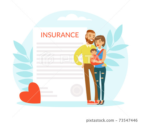 Young Man and Woman Holding Little Baby in Arms with Insurance Document Behind Vector Illustration Young Man and Woman Holding Little Baby in Arms with Insurance Document Behind Vector Illustration 73547446