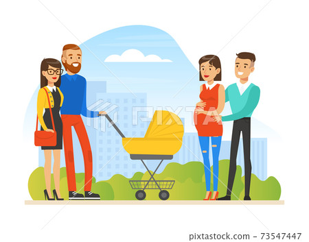 Young Man and Woman Walking Outdoor Pushing Baby Carriage Meeting Pregnant Family Vector Illustration 73547447