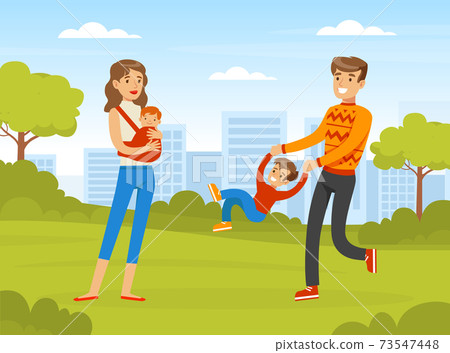 Young Man and Woman Walking Outdoor with Their Kids Vector Illustration Young Man and Woman Walking Outdoor with Their Kids Vector Illustration 73547448