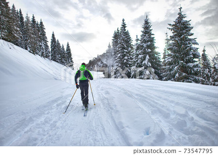 Excursion with mountaineering skis. A man alone in the lane in t Excursion with mountaineering skis. A man alone in the lane in t 73547795