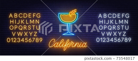 Cocktail California neon sign on brick wall background. 73548017