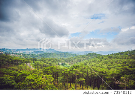 Fantastic landscape of Dalat Mountains, Viet Nam, fresh atmosphere, villa among forest, impression shape of hill and mountain from high view, wonderful vacation for ecotourism in spring 73548112
