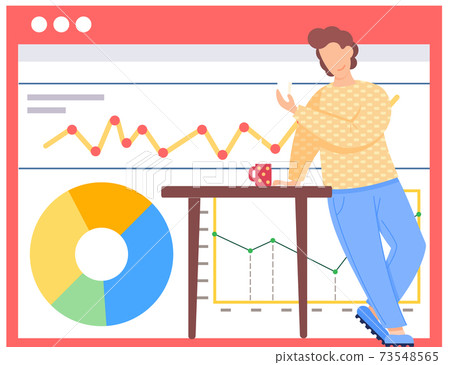 A man standing holding paper notes near presentation of business development or investment growth A man standing holding paper notes near presentation of business development or investment growth 73548565
