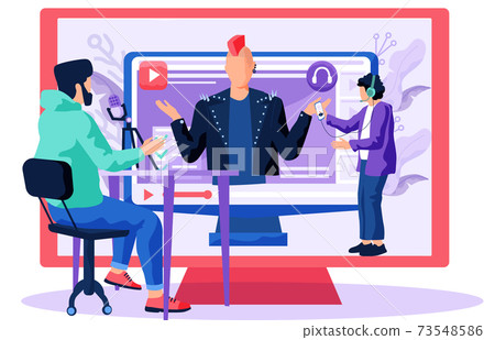 Producer is recording interview with a rocker in a leather jacket and with a fashionable haircut Producer is recording interview with a rocker in a leather jacket and with a fashionable haircut 73548586