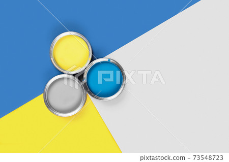 Three-colored background with paint jars. Three-colored background with paint jars. 73548723