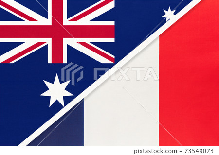 Australia and France or French Republic, symbol of national flags from textile. Australia and France or French Republic, symbol of national flags from textile. 73549073