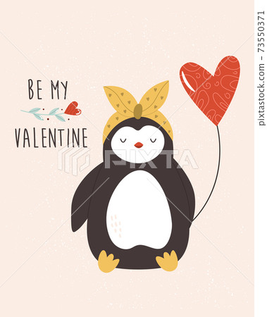 Valentines greeting card with lovely penguin. Funny animal character design 73550371