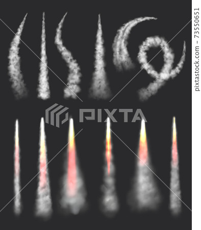 Aircraft swirl clouds. Aviation jet smoke spaceship steam vapour condensation smoke decent vector realistic illustrations Aircraft swirl clouds. Aviation jet smoke spaceship steam vapour condensation smoke decent vector realistic illustrations 73550651